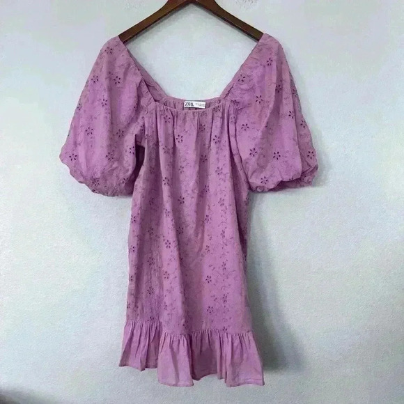 Zara Broderie Anglaise Ruffle Mini Dress Womens M Medium Pink Embroidered - Picture 3 of 8